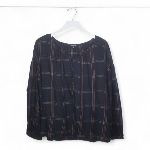 MADEWELL Shirred Peasant Top in Windowpane Plaid - Size L - Picture 3 of 7